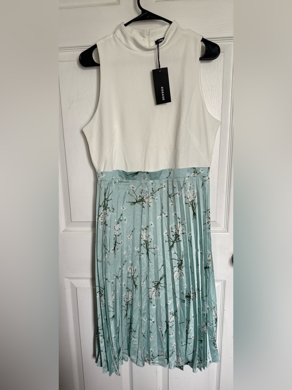 Sleeveless White Top with Mint Floral Pleated Skirt Dress